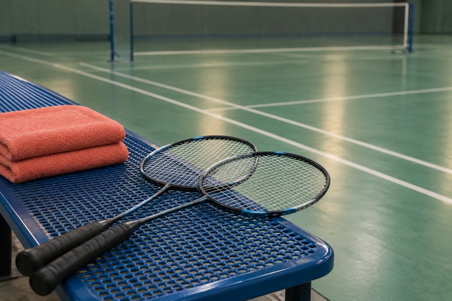 Illustration: Two plain strung badminton rackets lie on a blue mesh bench beside folded coral towels.