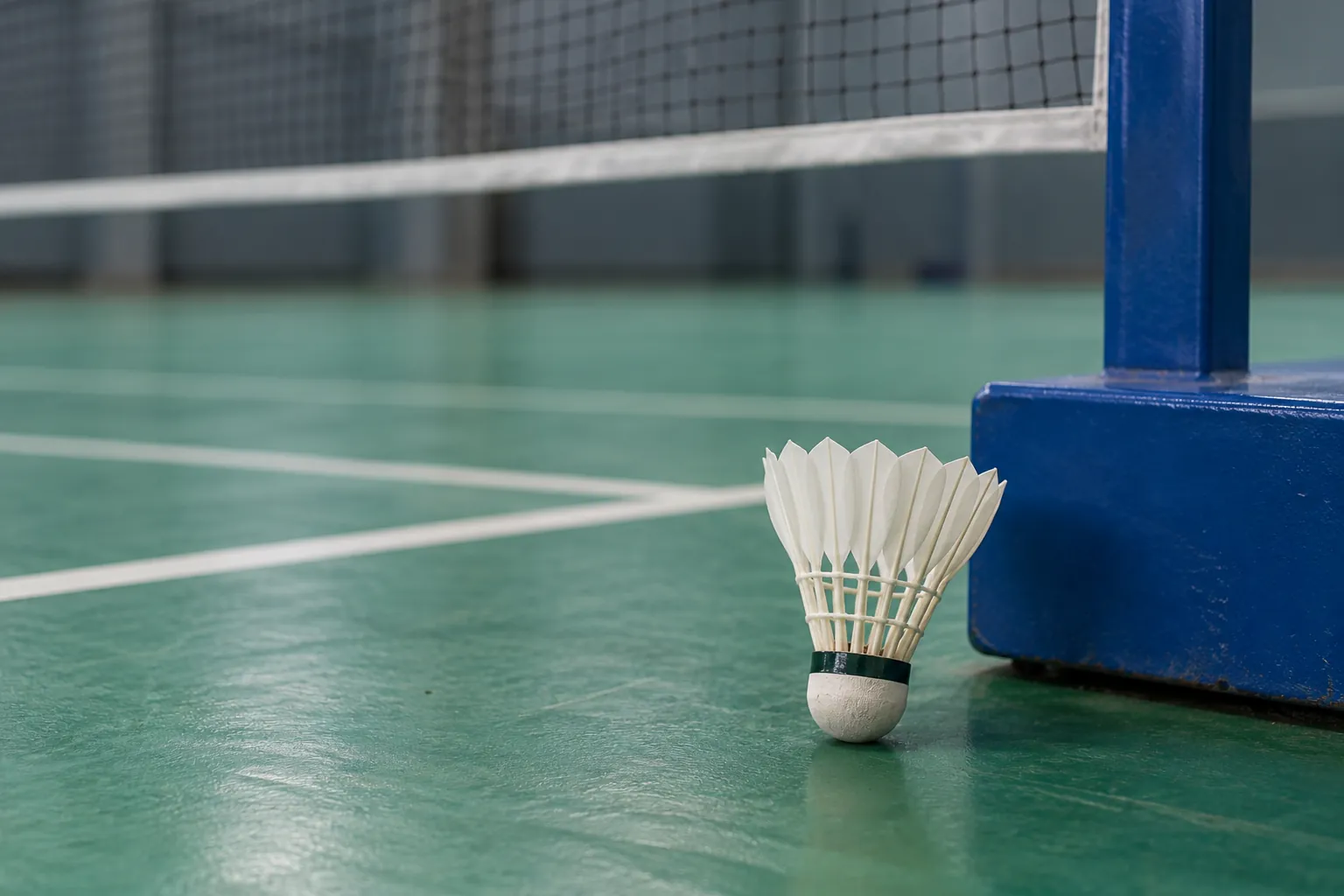 Illustration: A white feather badminton shuttlecock rests upright on its cork beside a plain blue net-post base on an empty green court.