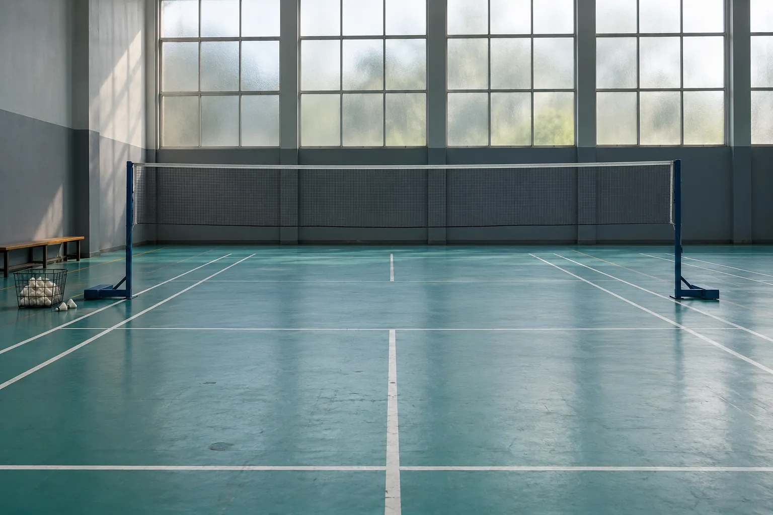 Illustration: A modest empty indoor badminton court with a correctly tensioned net is seen from behind the service line, with a small shuttle basket at the side.