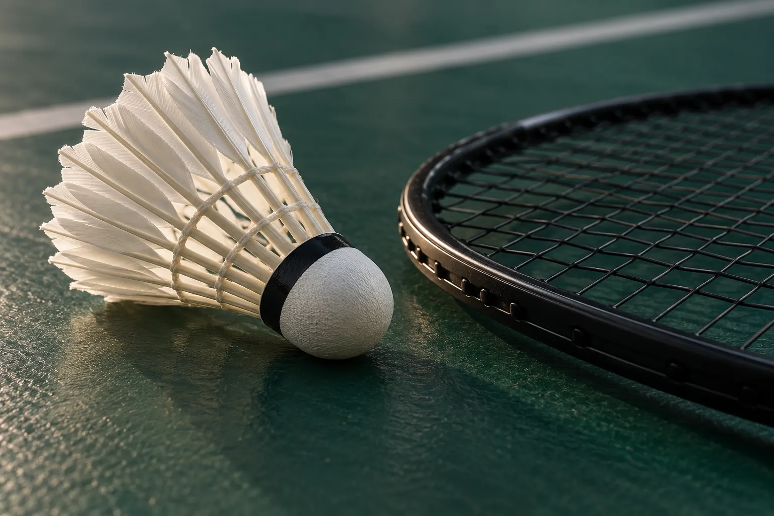 Illustration: A white feather shuttlecock rests beside the black string bed of an unbranded badminton racket on a dark green court.