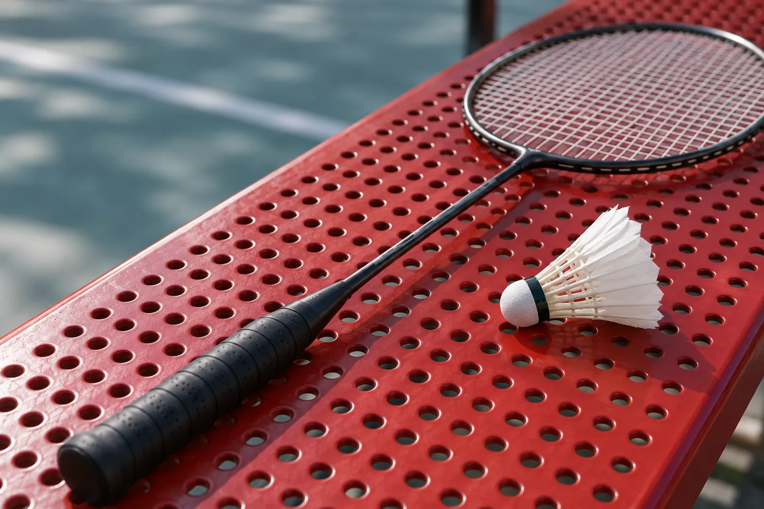 Illustration: The narrow wrapped grip and slender shaft of a plain badminton racket rest across a red perforated metal bench.