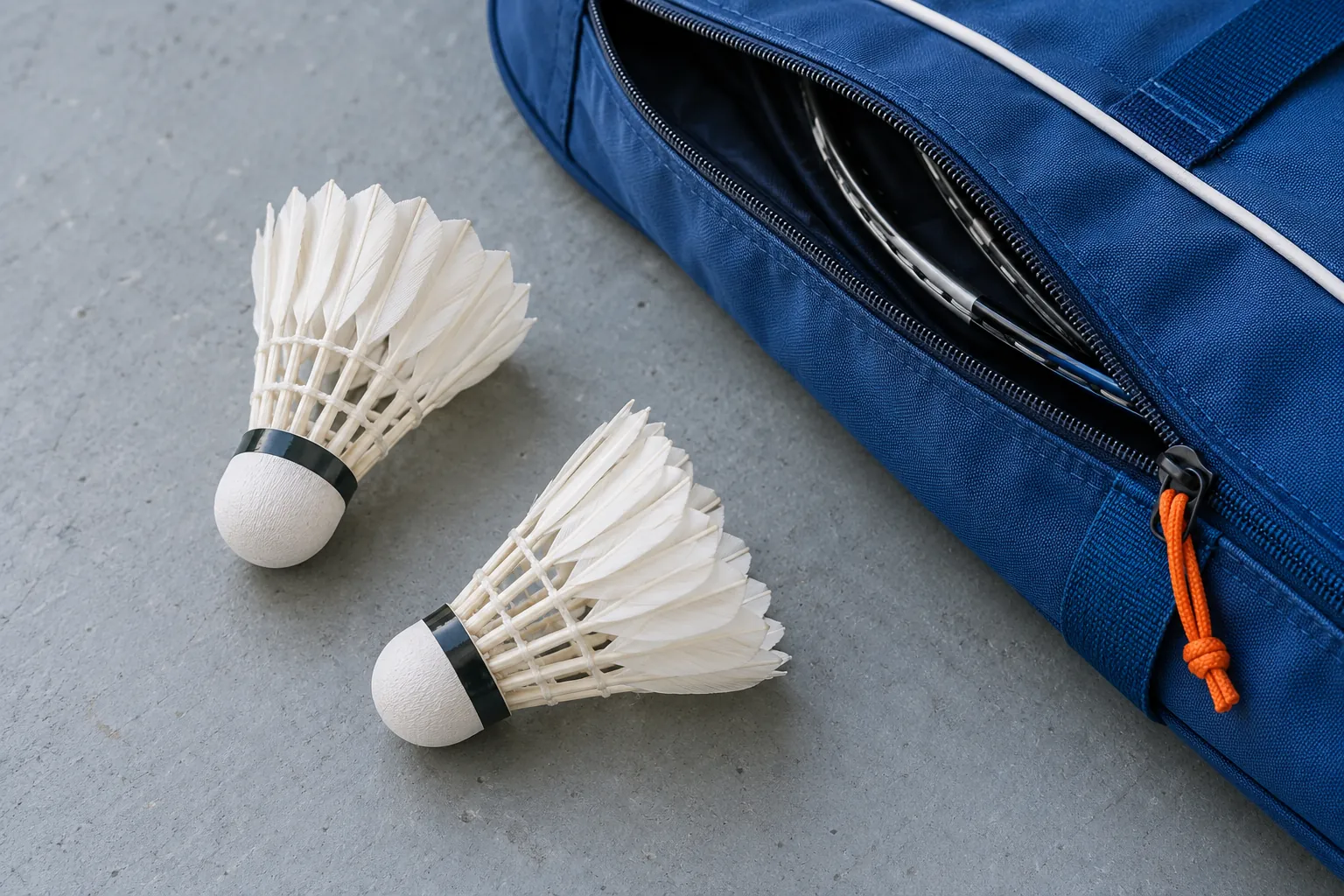 Illustration: Two white feather badminton shuttlecocks sit beside the open pocket of a blue canvas racket bag on pale gray sports flooring.
