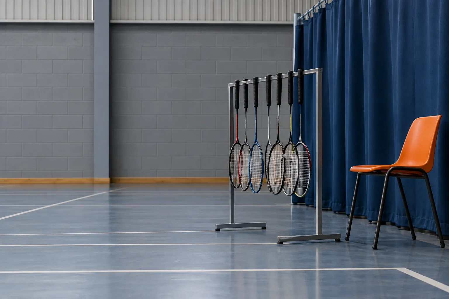 A plain metal stand holds several slim strung badminton rackets beside a dark blue divider curtain, with an empty orange chair nearby.