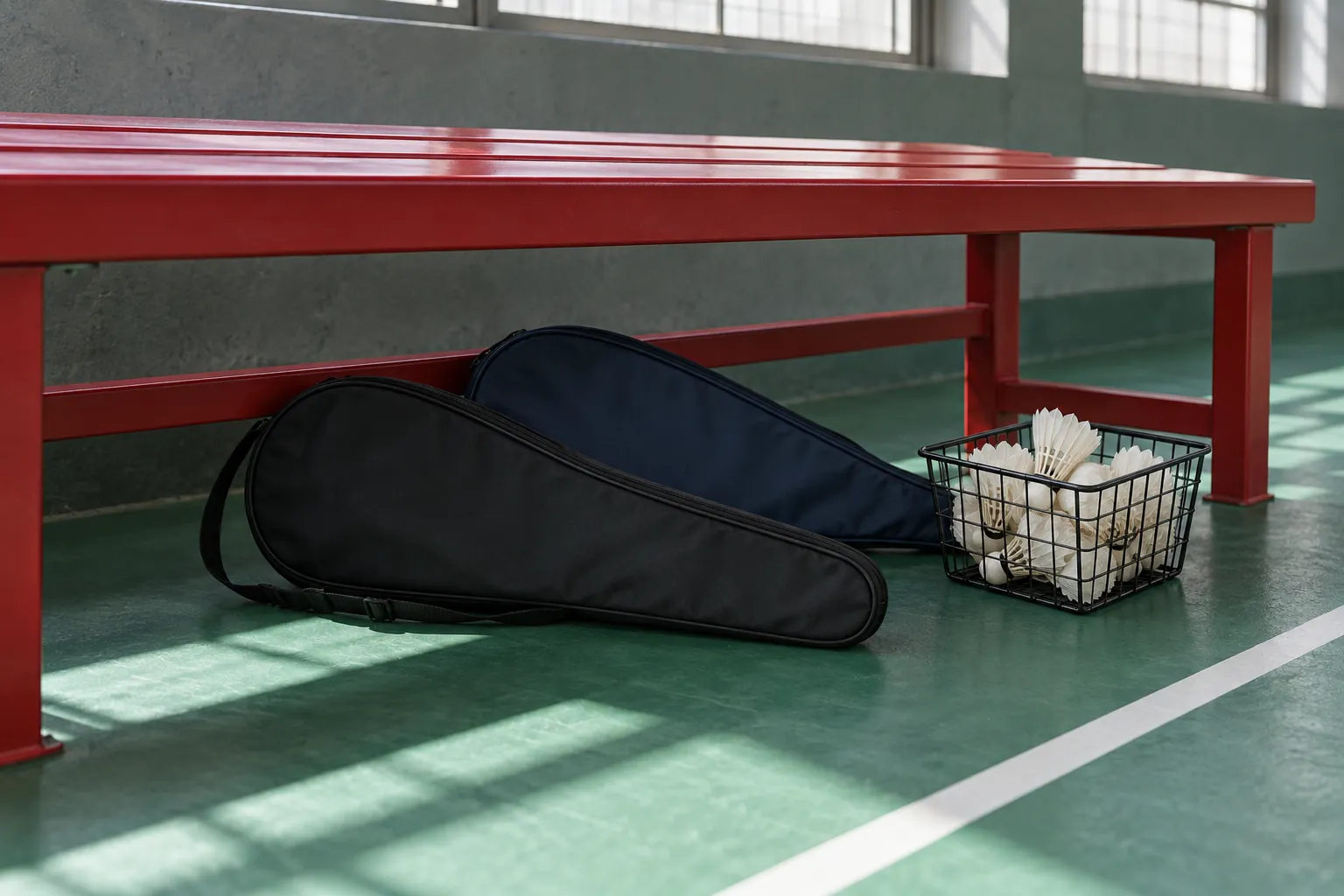 Illustration: Two plain racket sleeves and a small basket of white shuttlecocks sit beneath a red court-side bench.