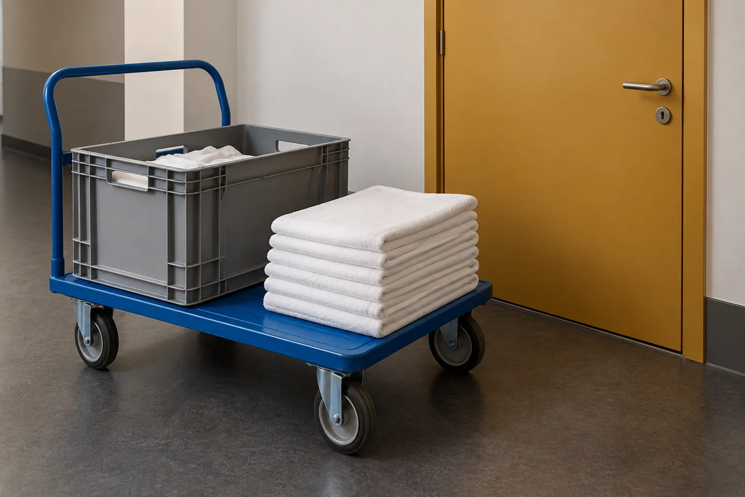 Illustration: A blue wheeled cart holds an open gray shuttle crate and folded plain towels beside a closed hall storage door.