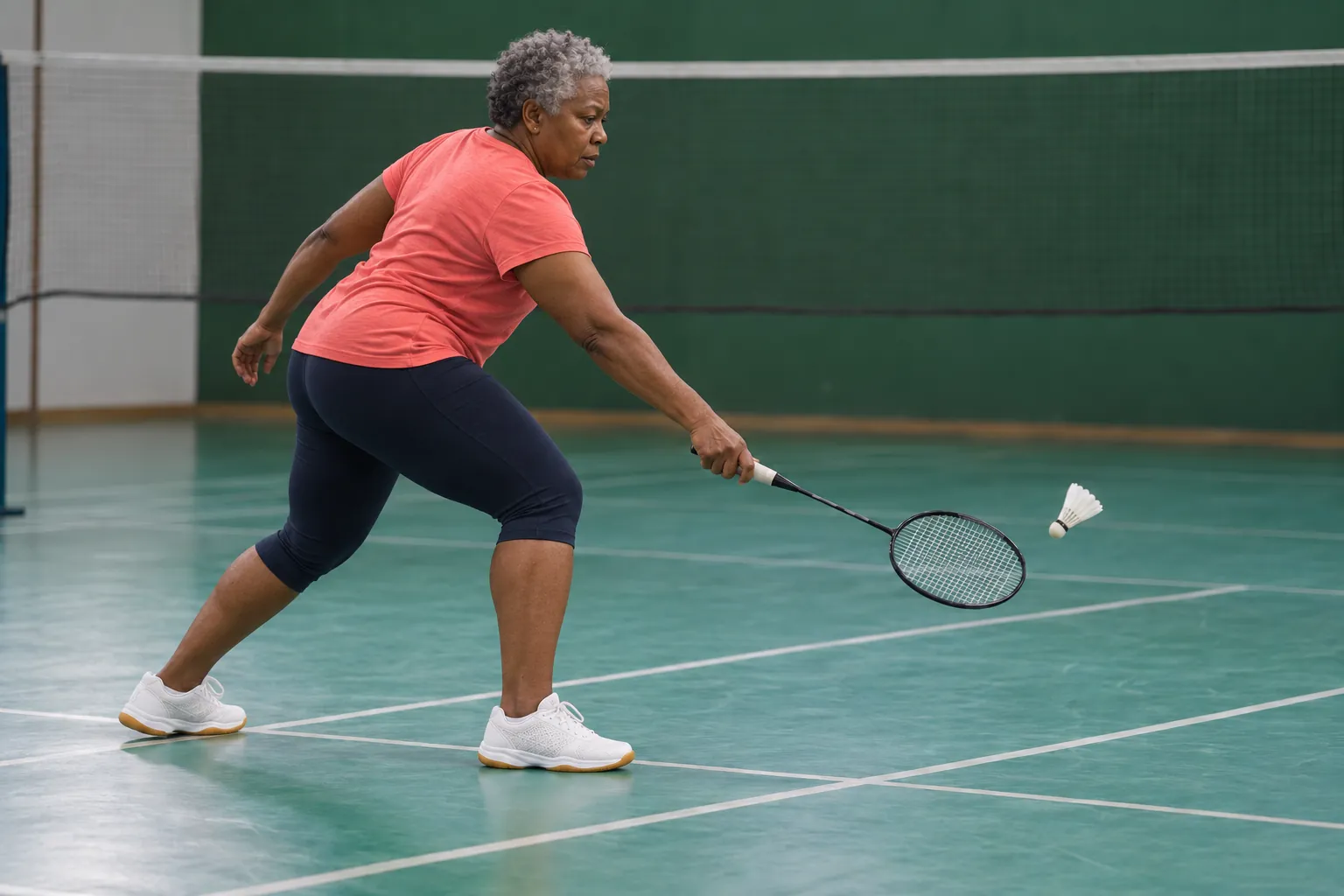 Illustration: A badminton player practicing a gentle forehand lift.