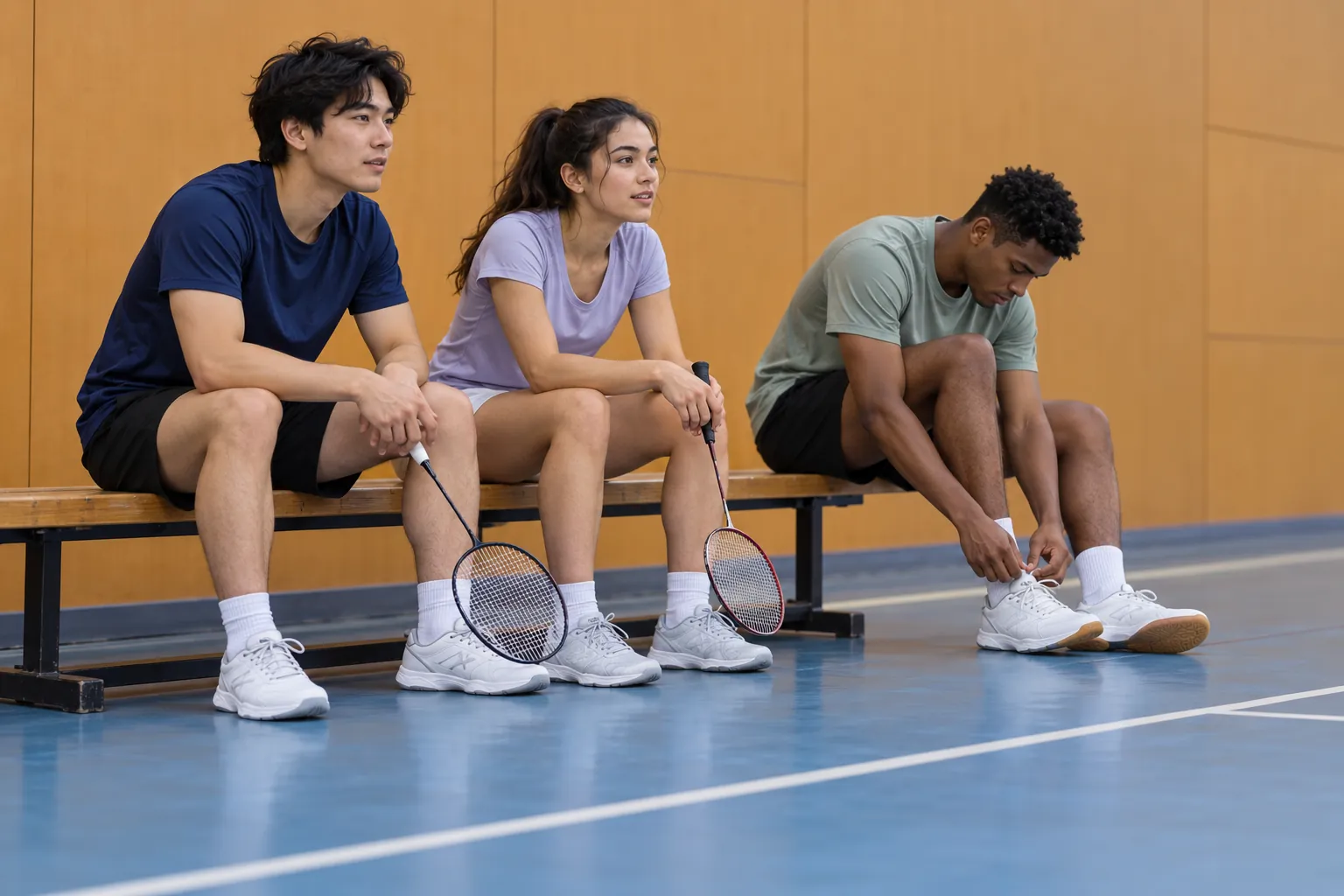 Illustration: Three young adult badminton players wait courtside, one adjusting a shoelace while two hold rackets.