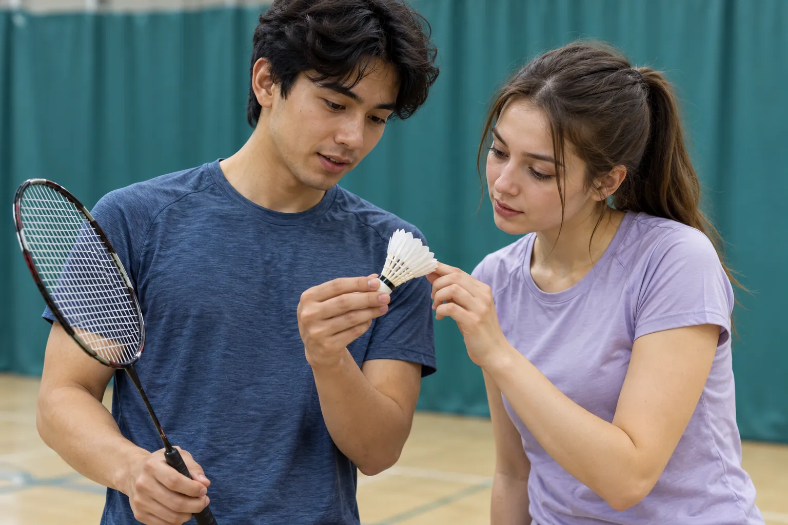 Illustration: Two young badminton players examine a shuttlecock while one holds a racket.