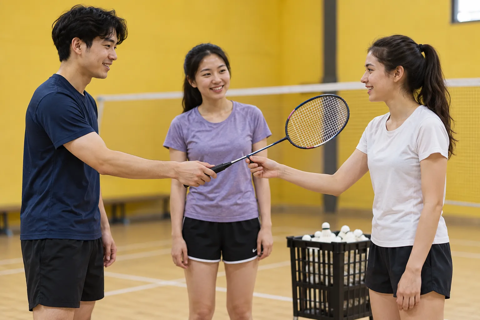Illustration: A newcomer receives a badminton racket from a peer.