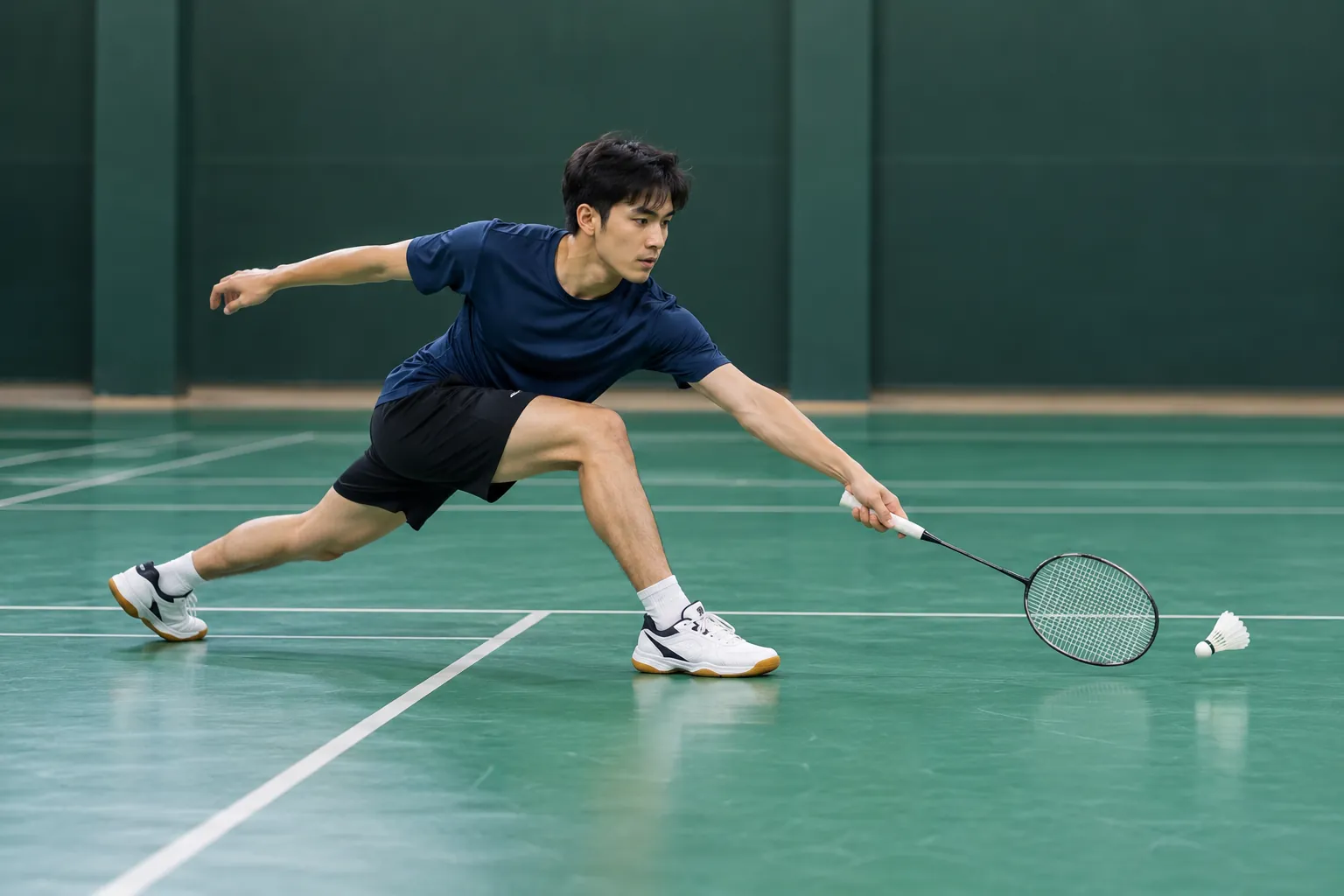 Illustration: A young badminton player reaches for a short drop shot.