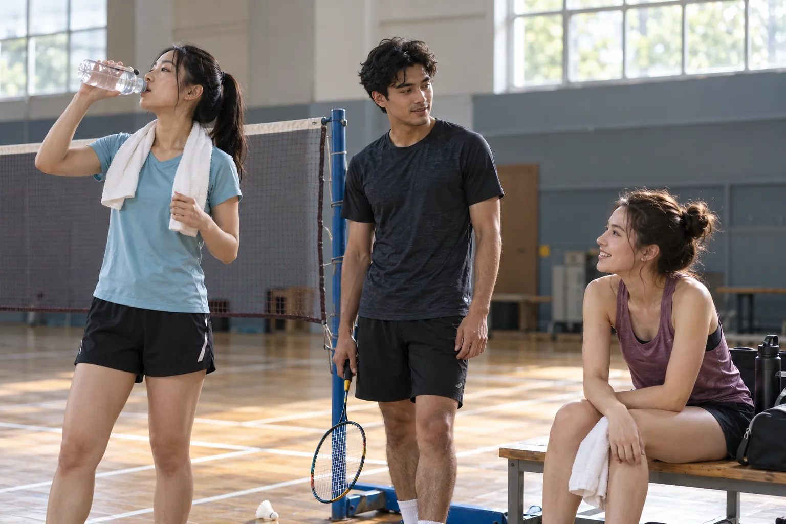 Illustration: Young badminton players take a water break beside the court.