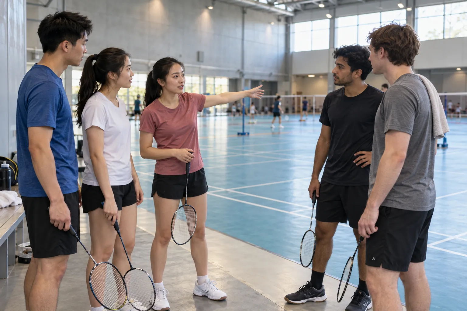 Illustration: Young badminton players decide the next doubles pairing.