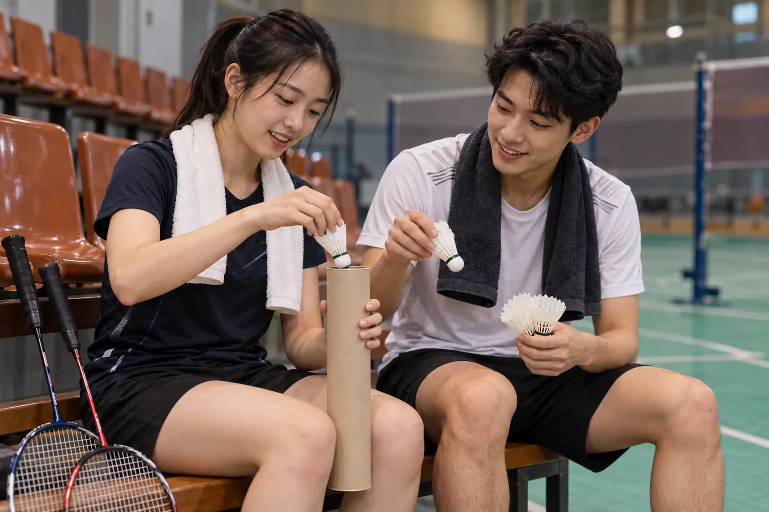Illustration: Badminton players packing shuttlecocks after practice.
