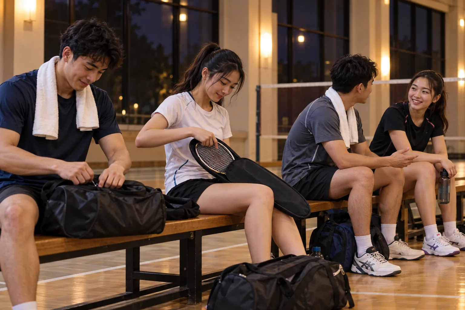 Illustration: Badminton players pack their bags after evening games.
