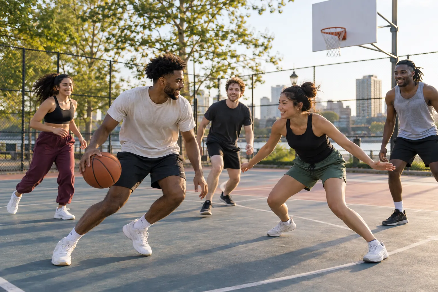 Illustration: Young adults take part in pickup basketball on an outdoor neighborhood court.