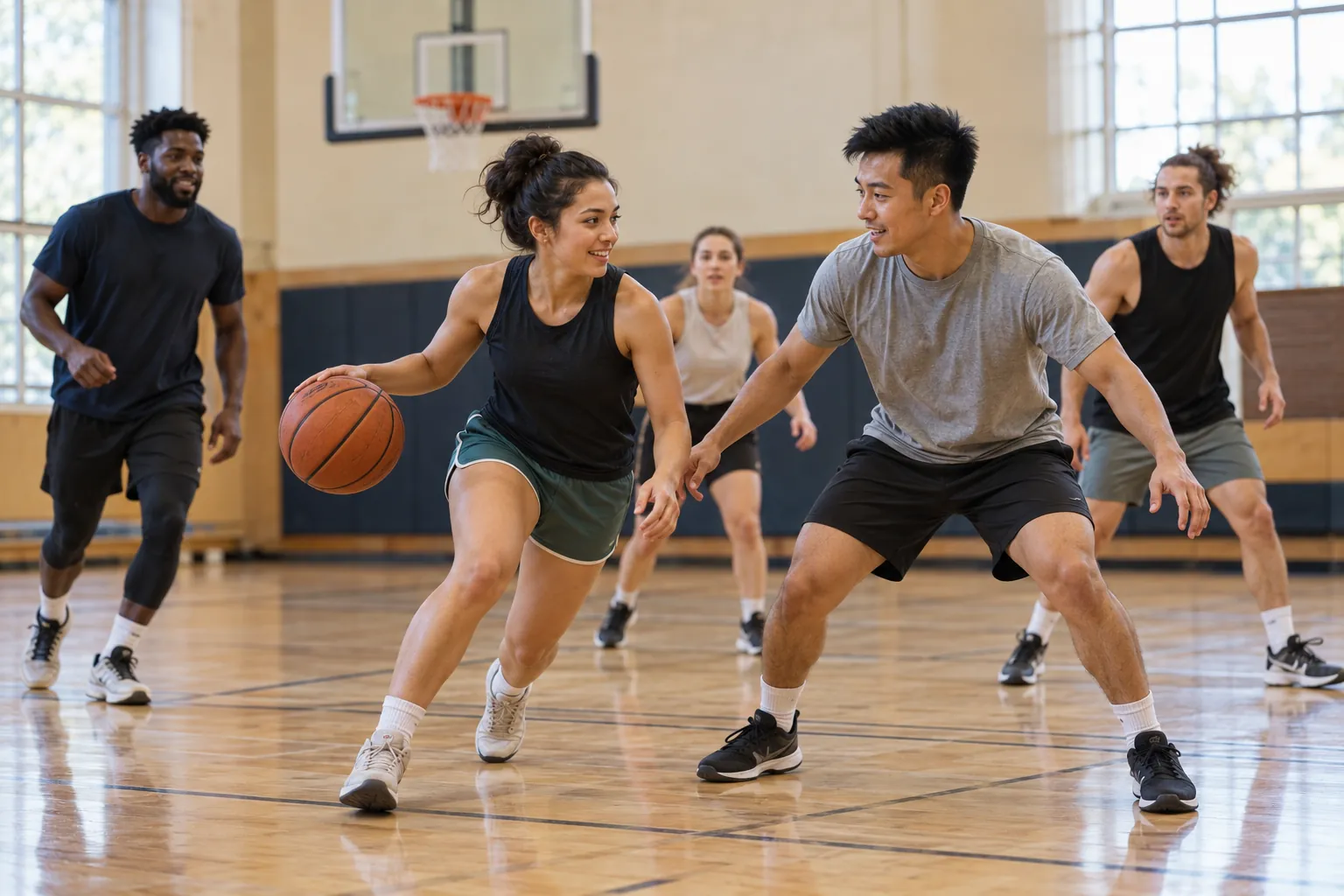 Illustration: Young adults take part in adult rec-league basketball game in a community gym.