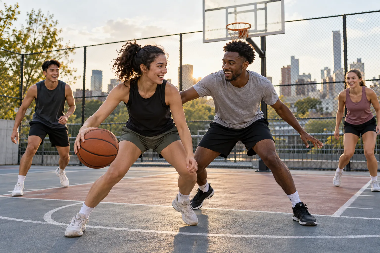 Illustration: Young adults take part in 3x3 basketball on a small street court.