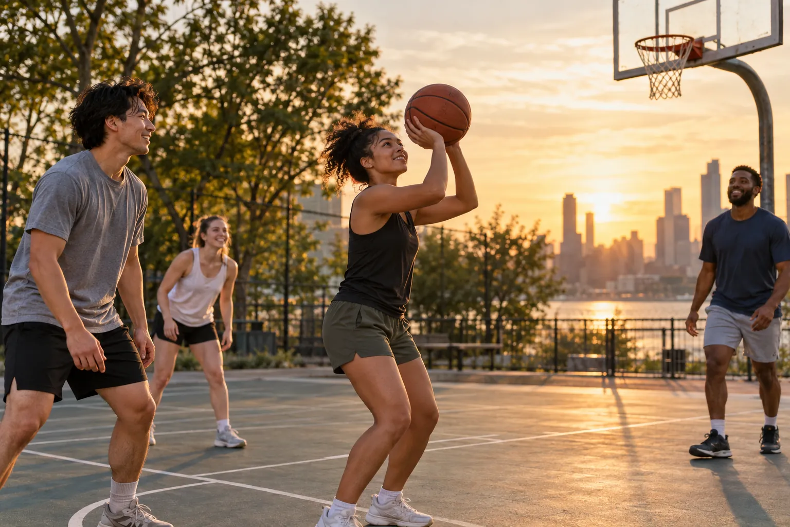Illustration: Young adults take part in basketball shooting drills at a local court.
