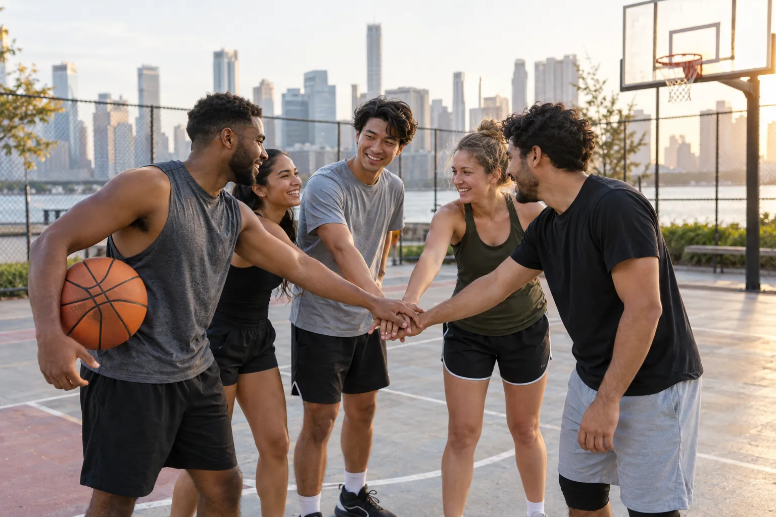Illustration: Young adults take part in teammates having a quick huddle during a pickup game.
