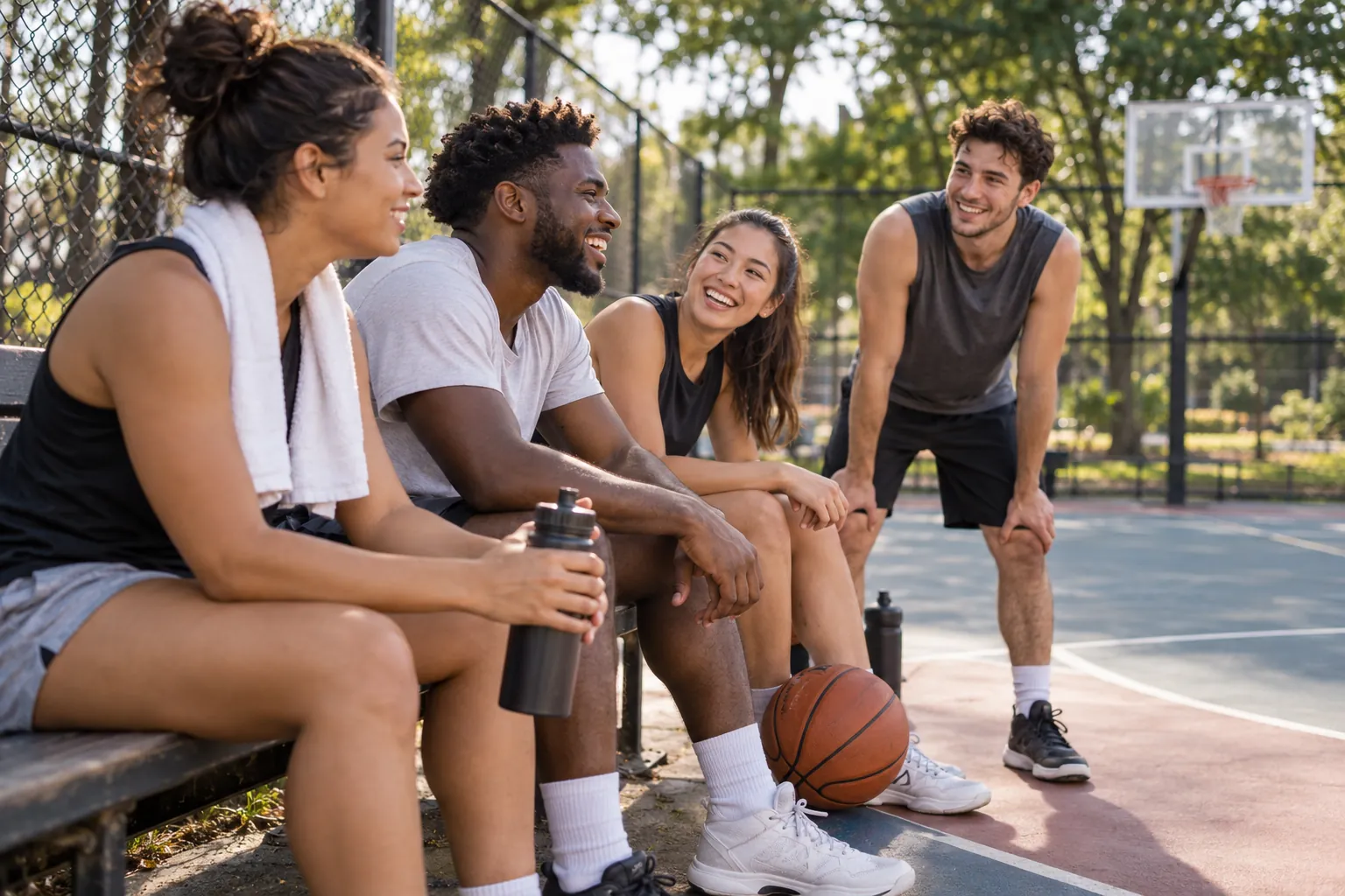 Illustration: Young adults take part in players resting courtside after a recreational game.
