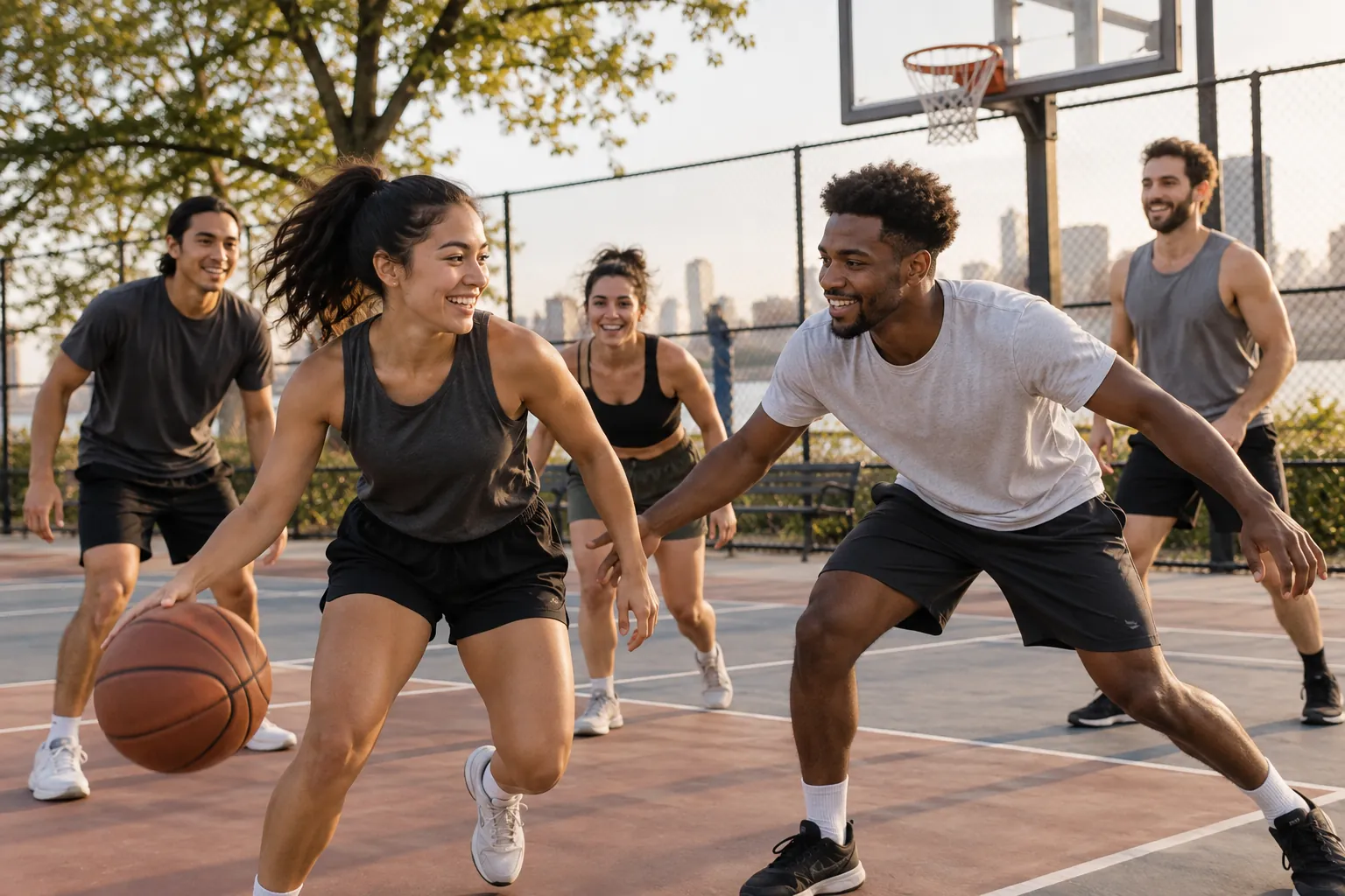 Illustration: Young adults take part in pickup basketball on an outdoor neighborhood court.