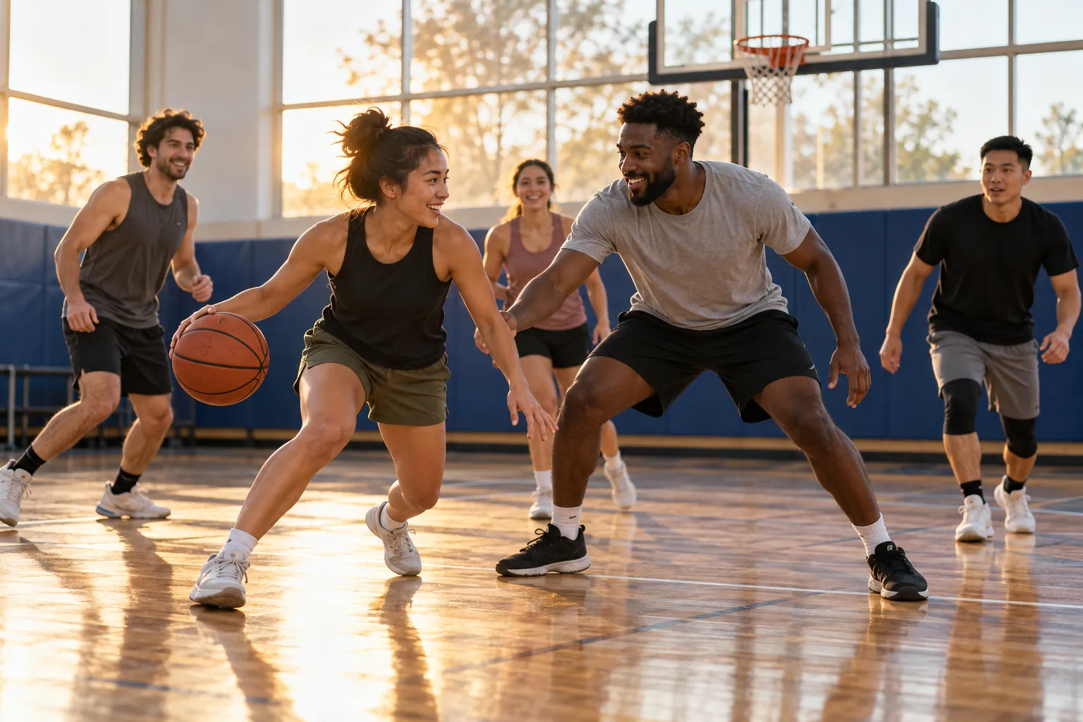 Illustration: Young adults take part in adult rec-league basketball game in a community gym.
