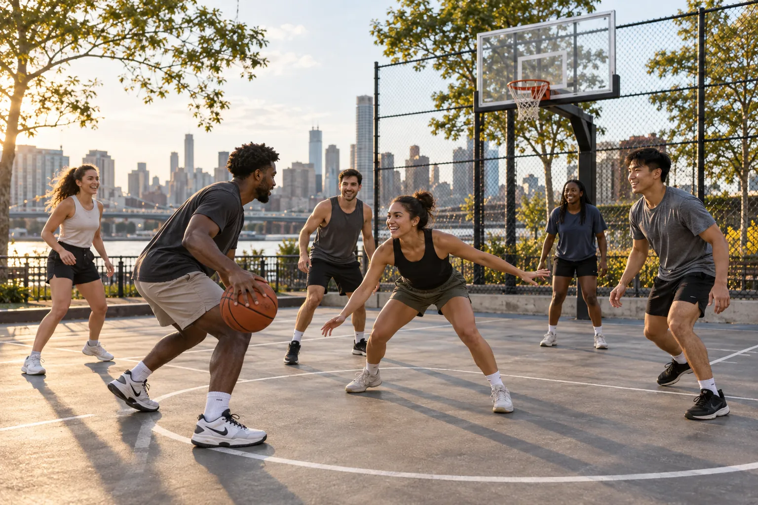 Illustration: Young adults take part in 3x3 basketball on a small street court.