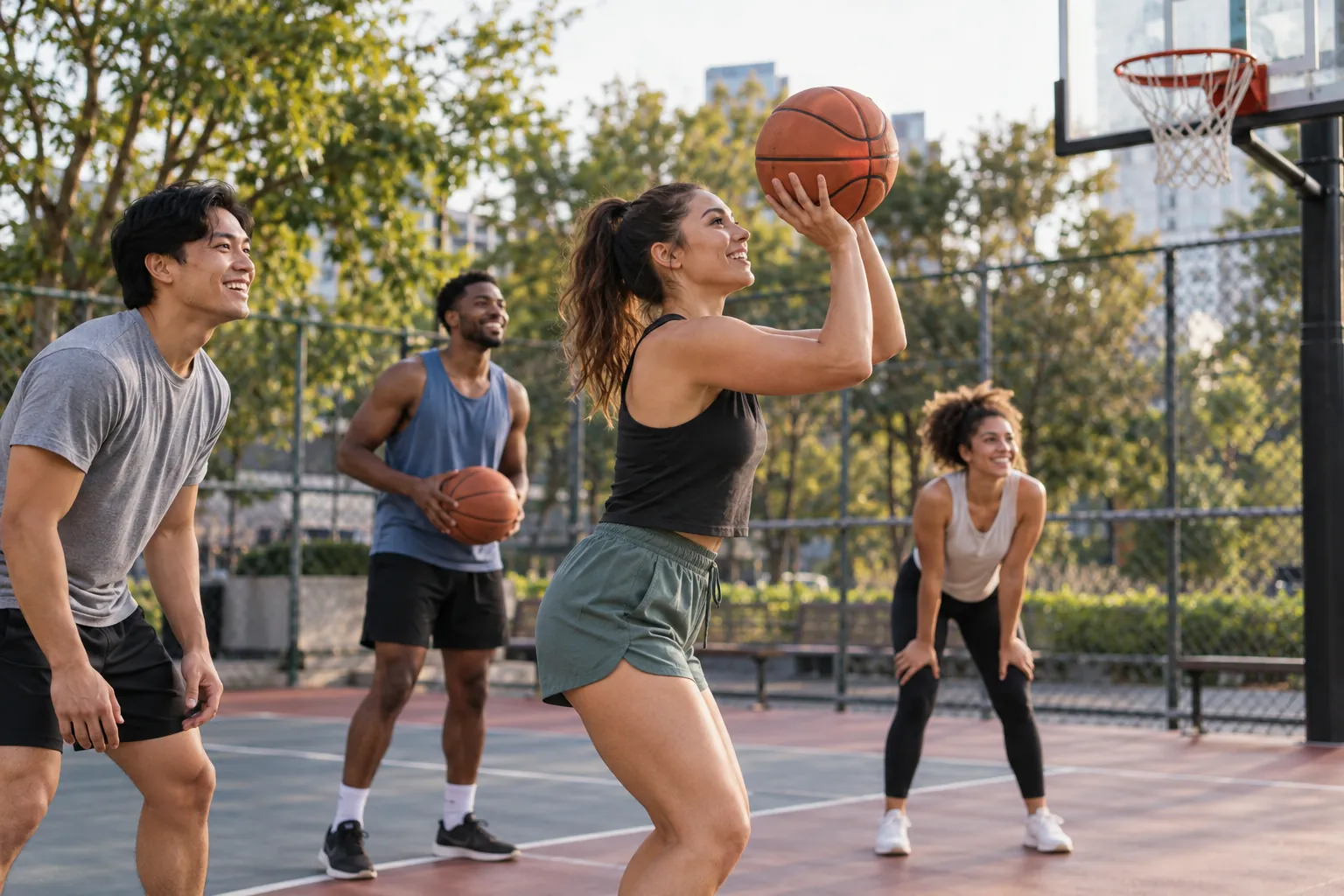 Illustration: Young adults take part in basketball shooting drills at a local court.