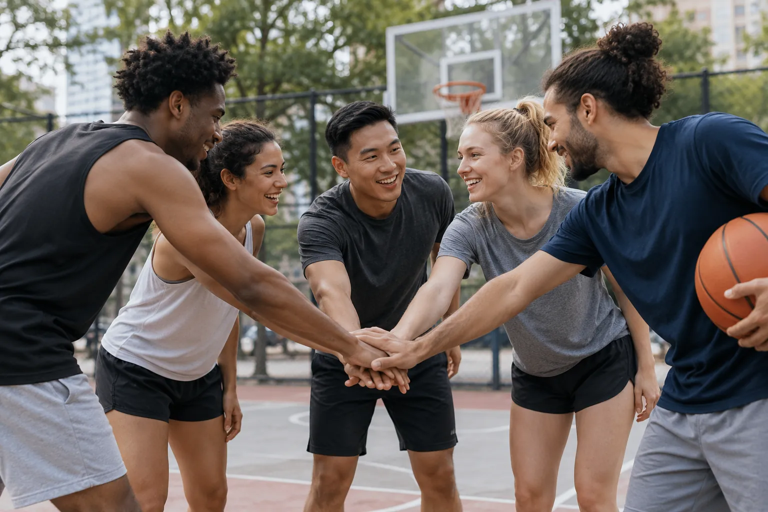 Illustration: Young adults take part in teammates having a quick huddle during a pickup game.