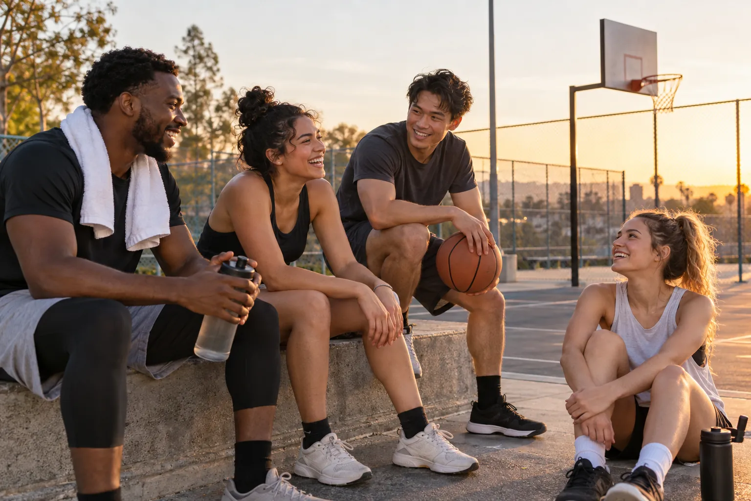 Illustration: Young adults take part in players resting courtside after a recreational game.