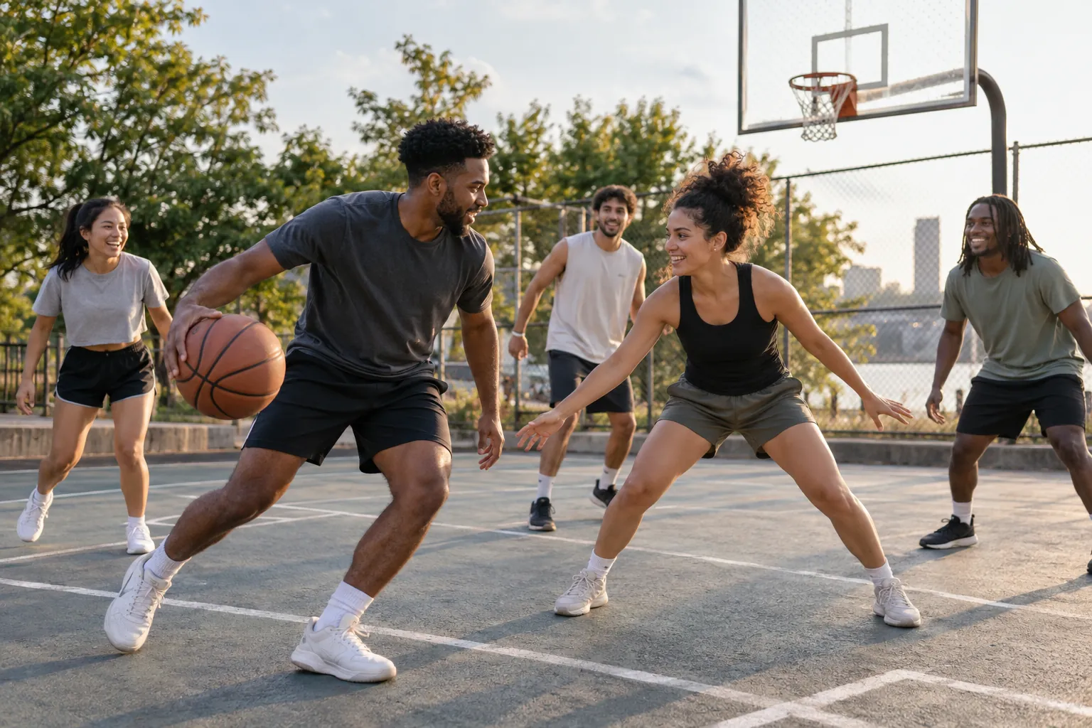 Young adults take part in pickup basketball on an outdoor neighborhood court.