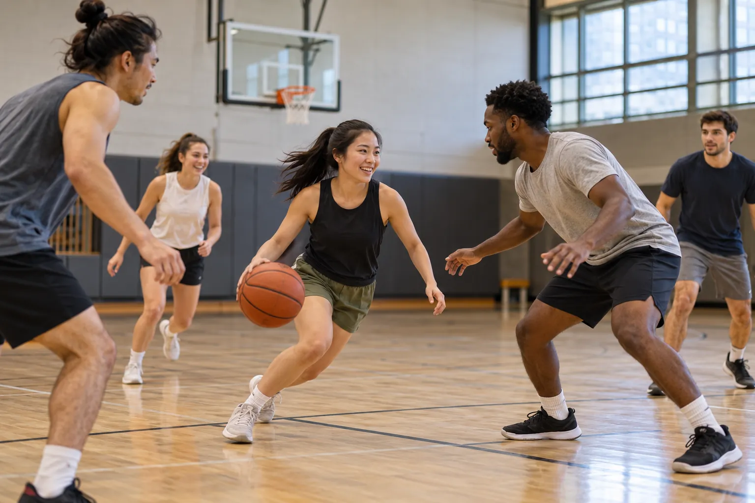 Illustration: Young adults take part in adult rec-league basketball game in a community gym.