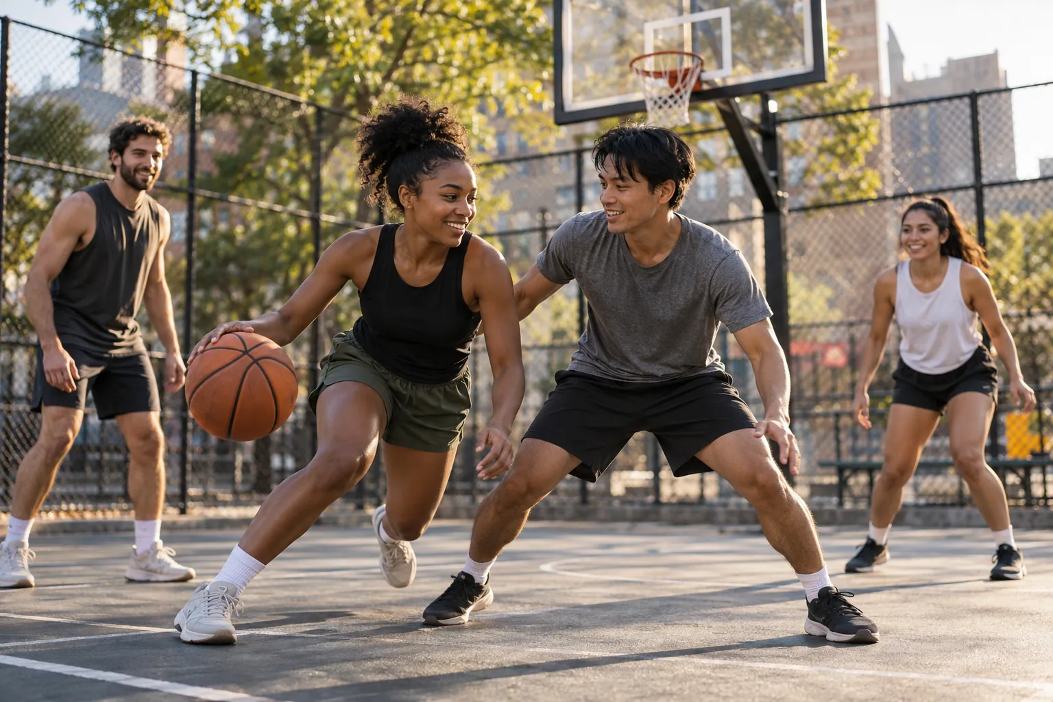 Illustration: Young adults take part in 3x3 basketball on a small street court.