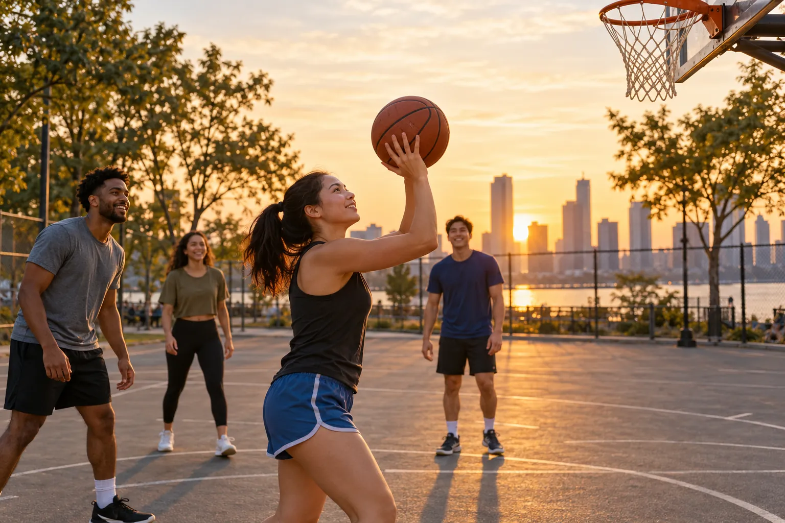Illustration: Young adults take part in basketball shooting drills at a local court.