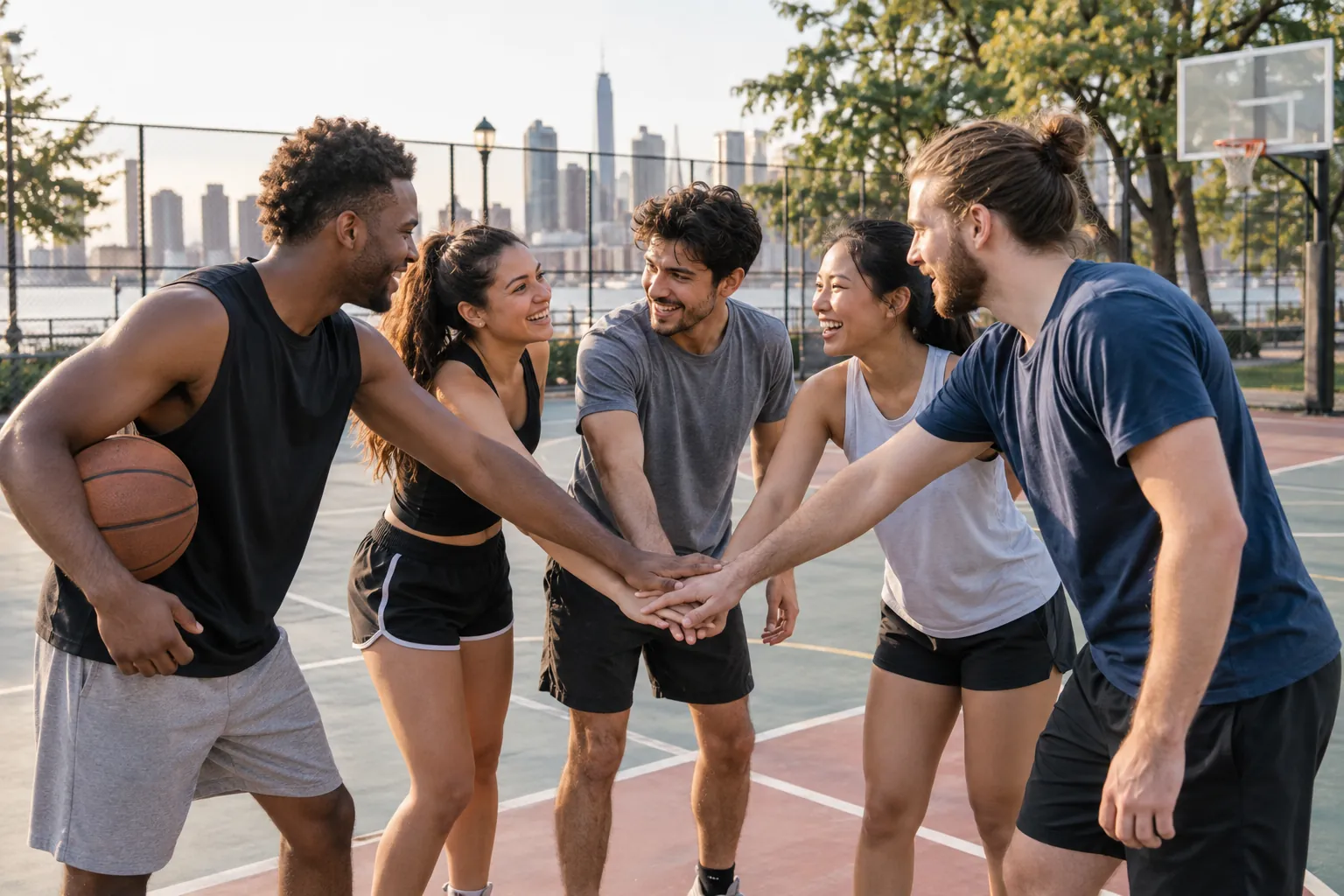 Illustration: Young adults take part in teammates having a quick huddle during a pickup game.