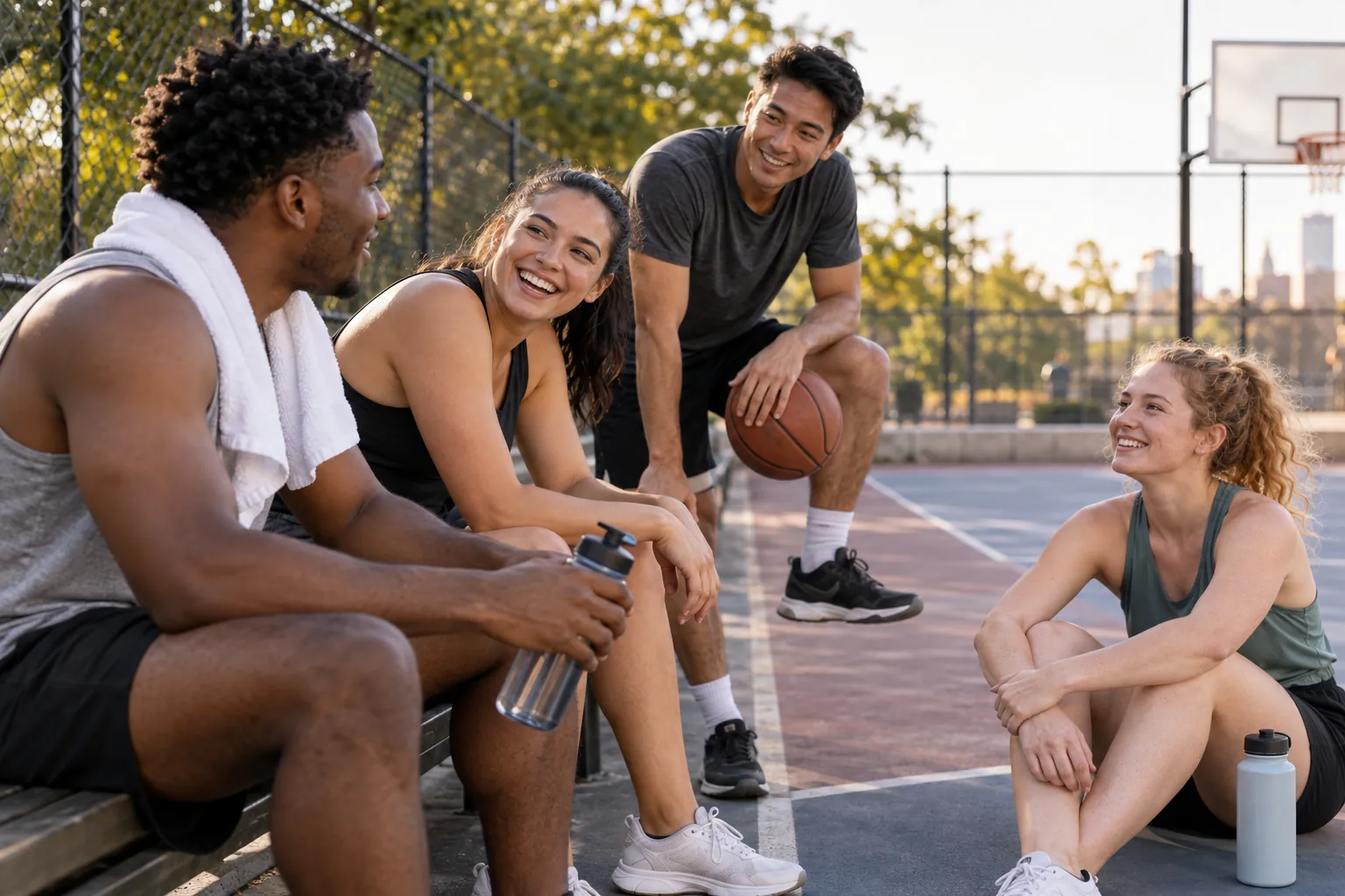 Illustration: Young adults take part in players resting courtside after a recreational game.