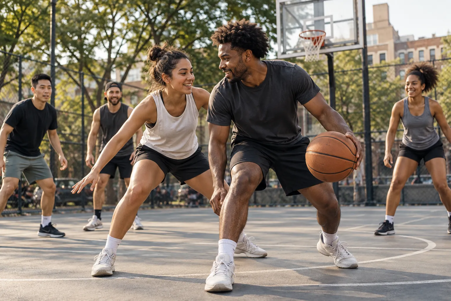 Illustration: Young adults take part in pickup basketball on an outdoor neighborhood court.