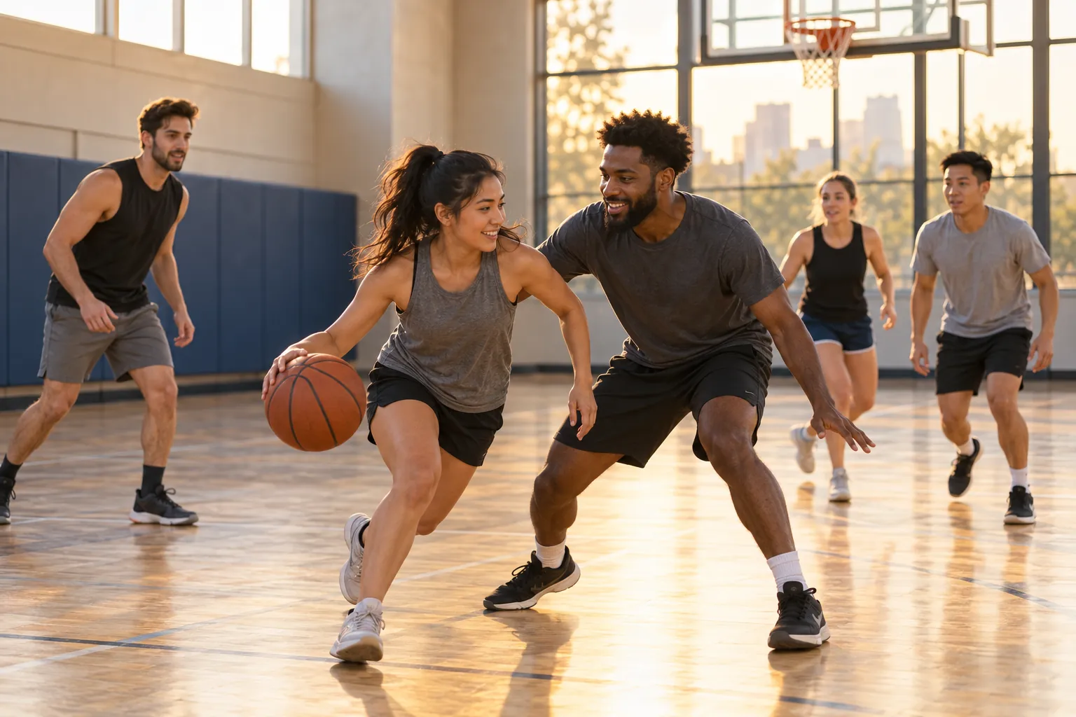 Illustration: Young adults take part in adult rec-league basketball game in a community gym.