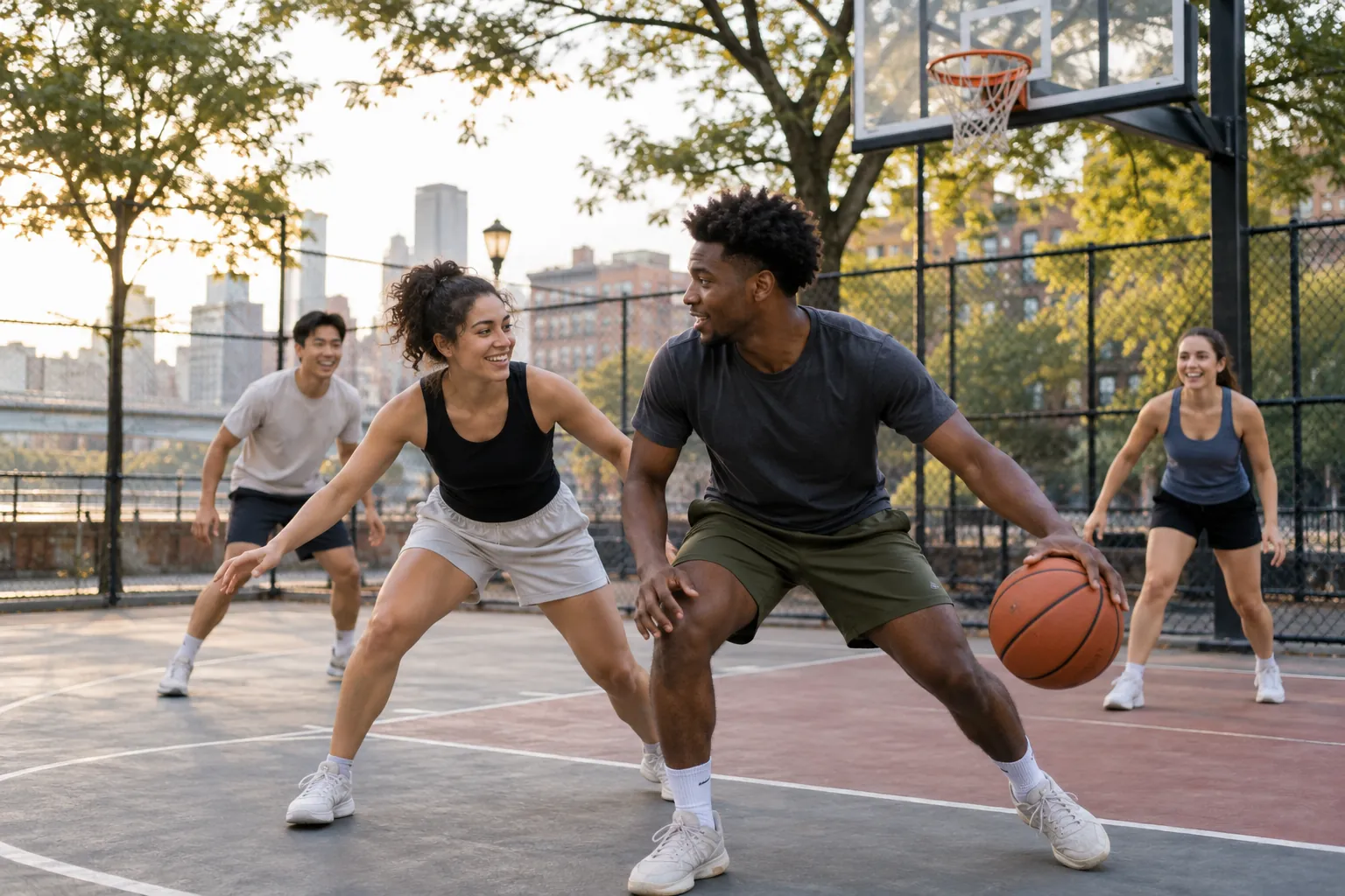 Illustration: Young adults take part in 3x3 basketball on a small street court.