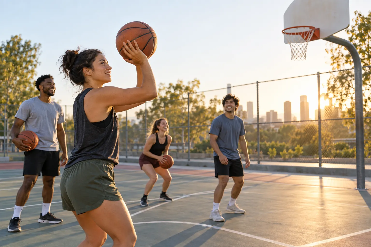 Illustration: Young adults take part in basketball shooting drills at a local court.
