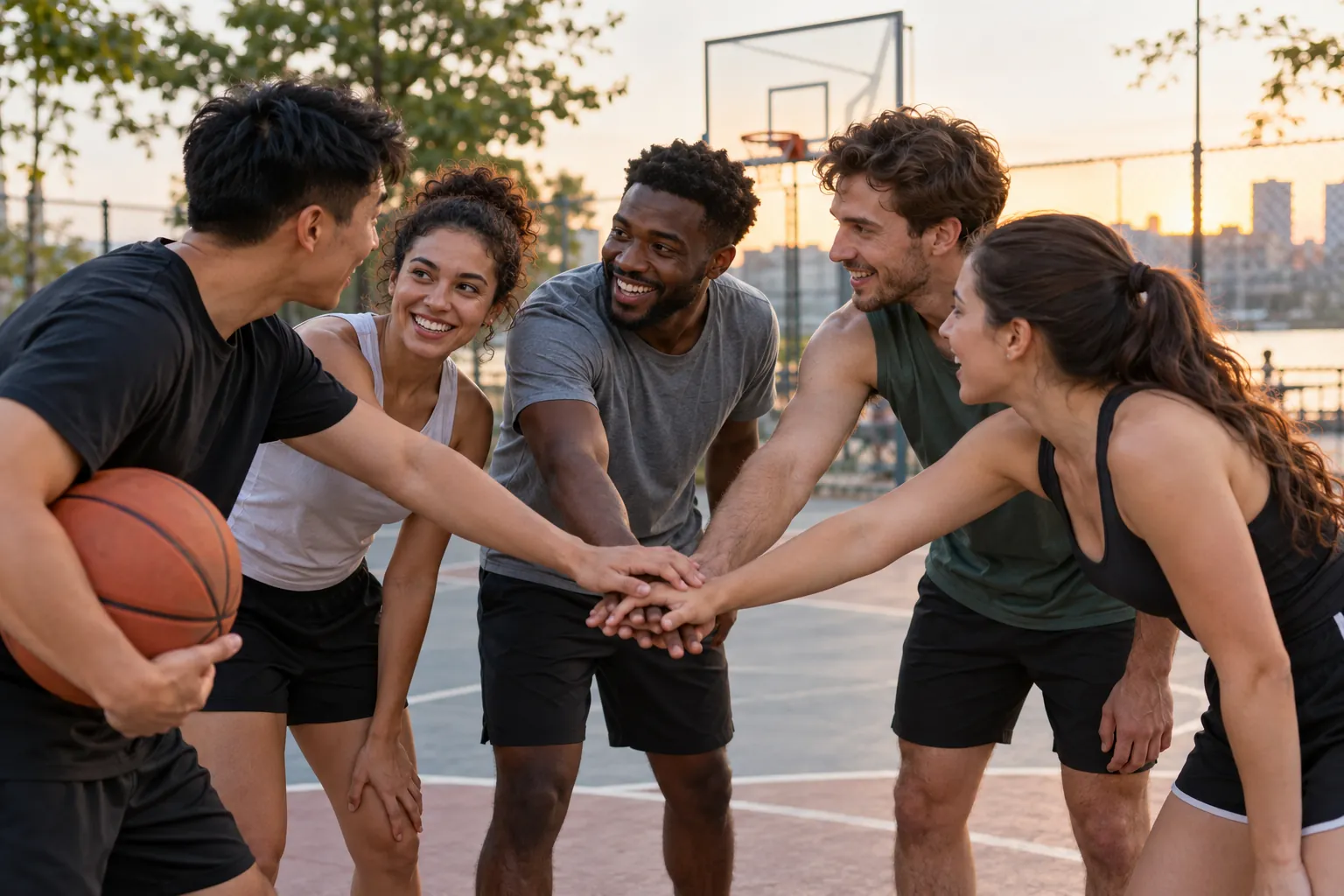 Illustration: Young adults take part in teammates having a quick huddle during a pickup game.