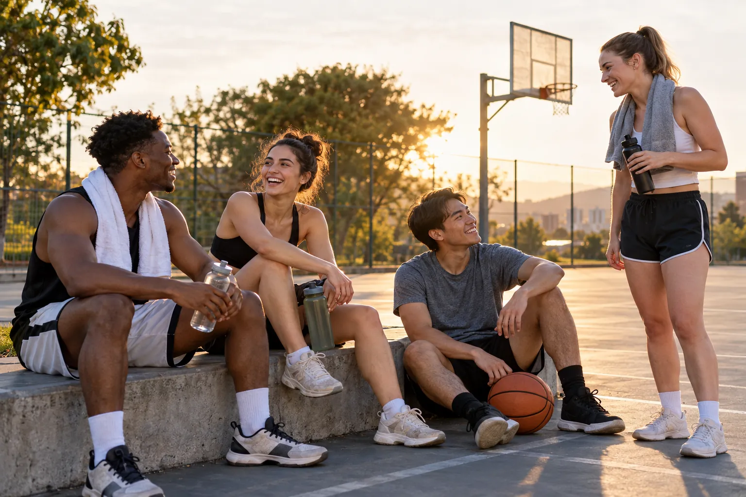 Young adults take part in players resting courtside after a recreational game.