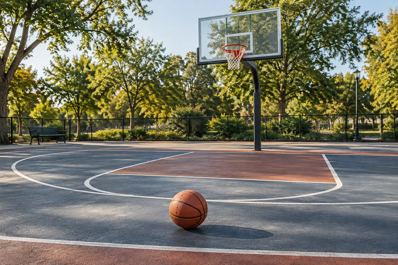 Illustration: Equipment for pickup basketball on an outdoor neighborhood court, arranged in an activity setting without people.