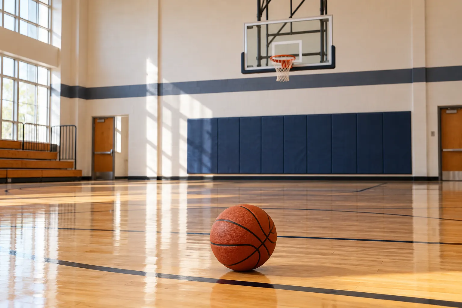 Illustration: Equipment for adult rec-league basketball game in a community gym, arranged in an activity setting without people.