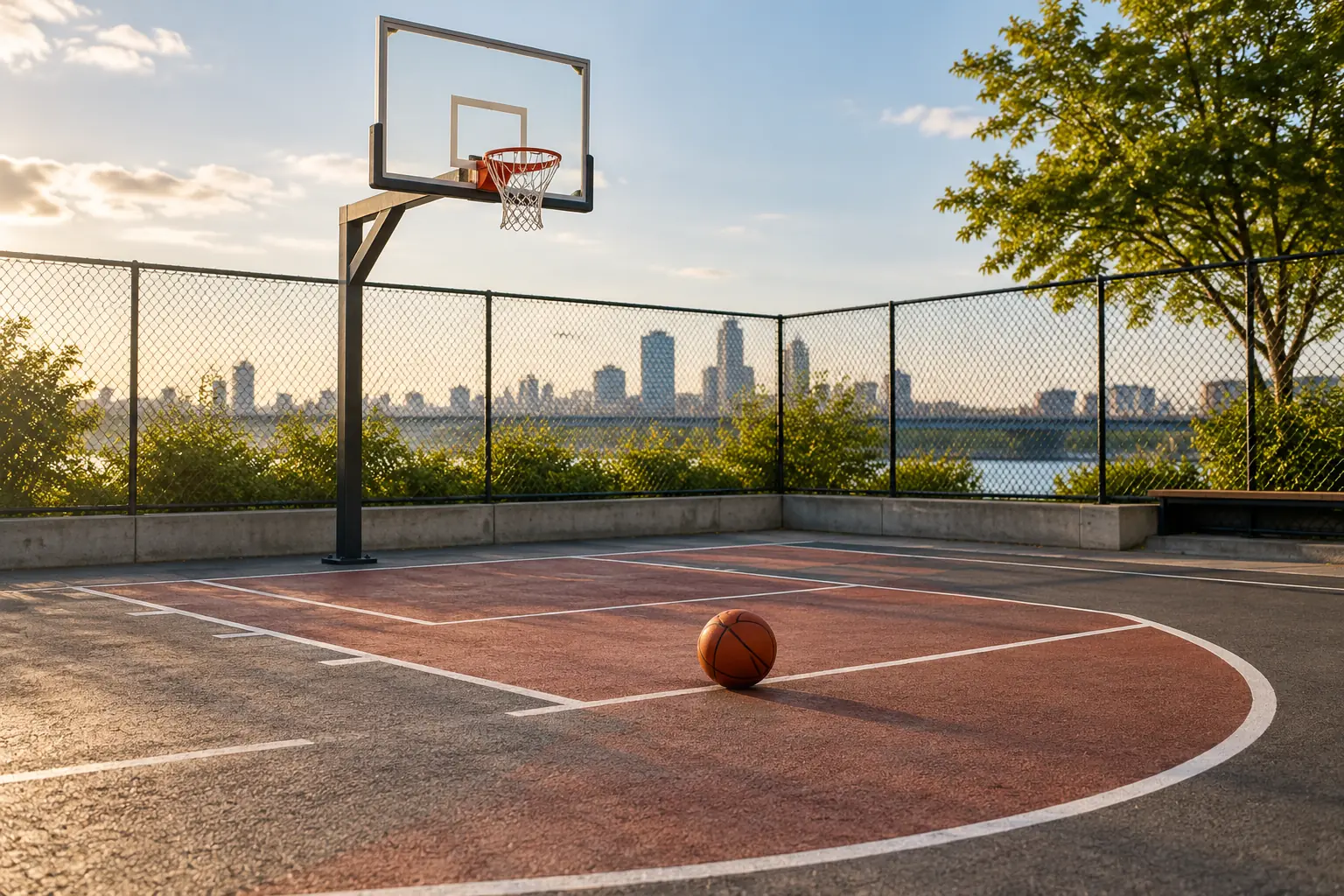 Illustration: Equipment for 3x3 basketball on a small street court, arranged in an activity setting without people.