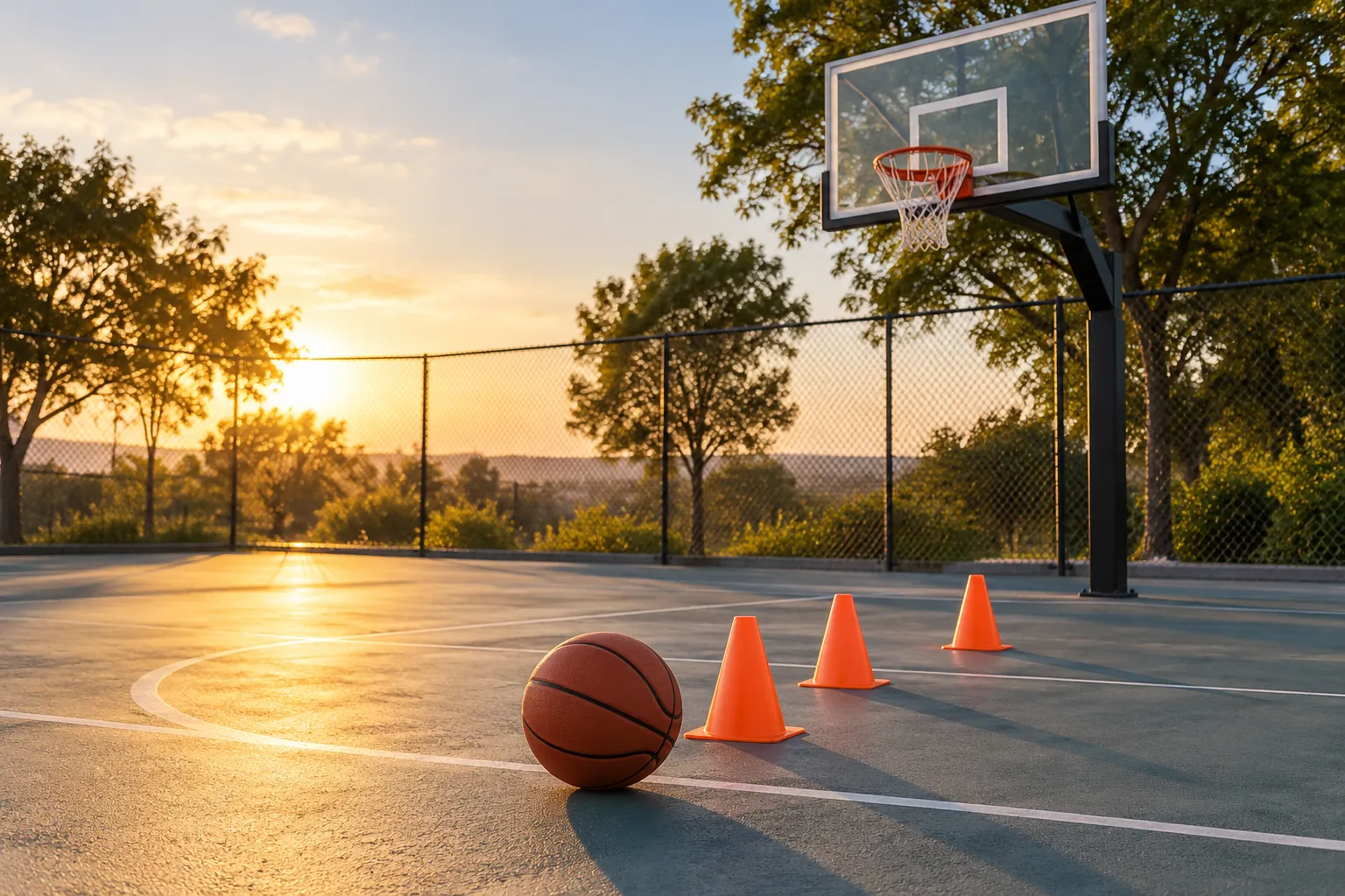 Illustration: Equipment for basketball shooting drills at a local court, arranged in an activity setting without people.