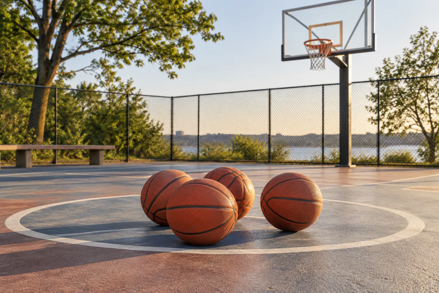 Illustration: Equipment for teammates having a quick huddle during a pickup game, arranged in an activity setting without people.