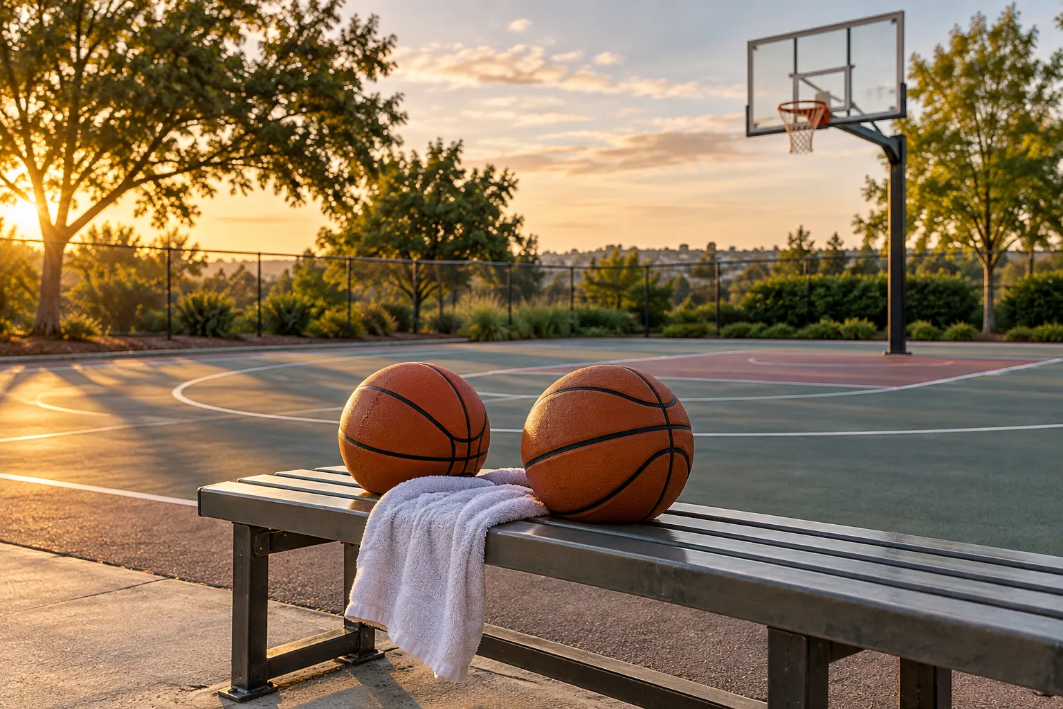 Illustration: Two orange basketballs and a plain towel rest on a bench beside an empty outdoor basketball court.