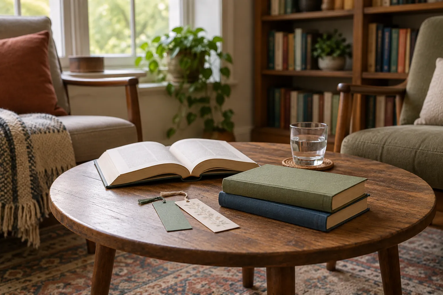 Illustration: Clothbound books and bookmarks on a table between empty reading chairs.