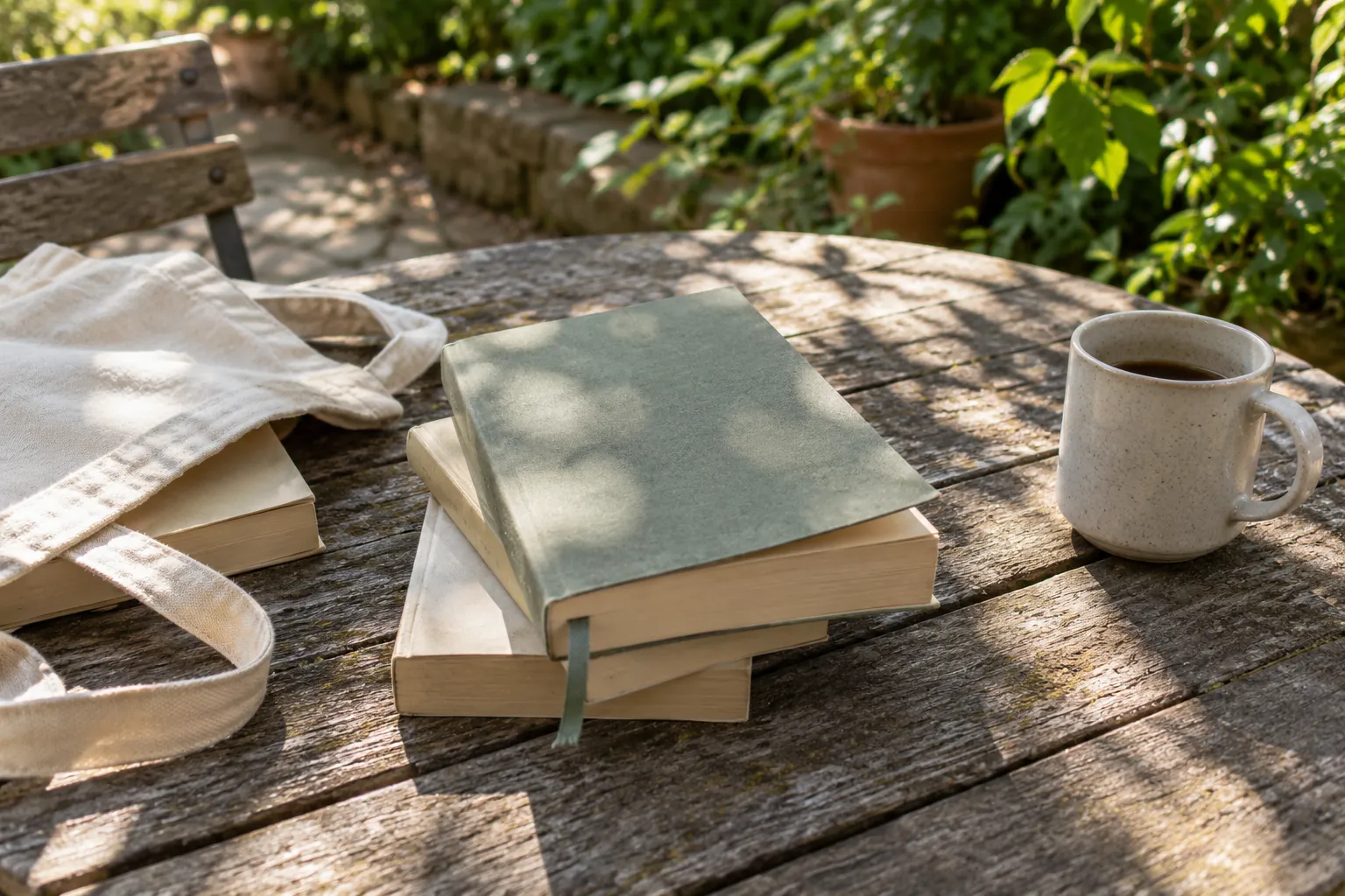 Illustration: Plain paperbacks and a canvas tote on an outdoor reading table.